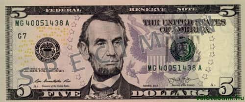 5 dolláros címlet eleje - USA dollár bankjegy - USD